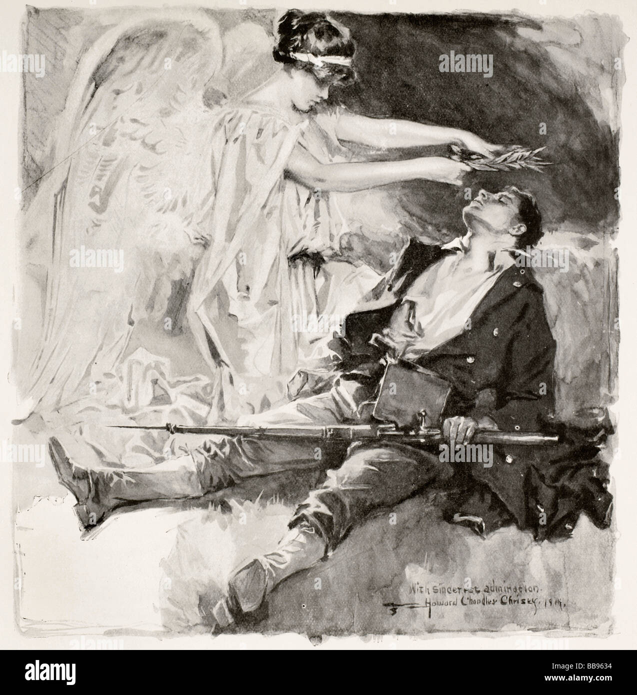 Sul campo di onore. Un soldato morto è onorato con una corona di fiori da un angelo alato. Foto Stock