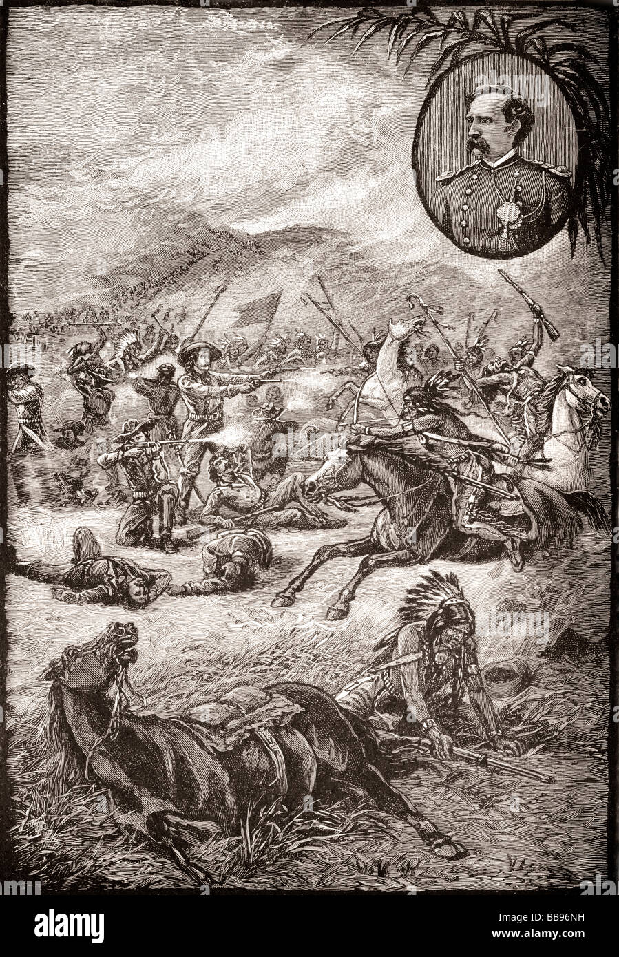 La morte del generale George Armstrong Custer e soldati del settimo cavalleria nella battaglia di Little Bighorn Giugno 25, 1876. Foto Stock