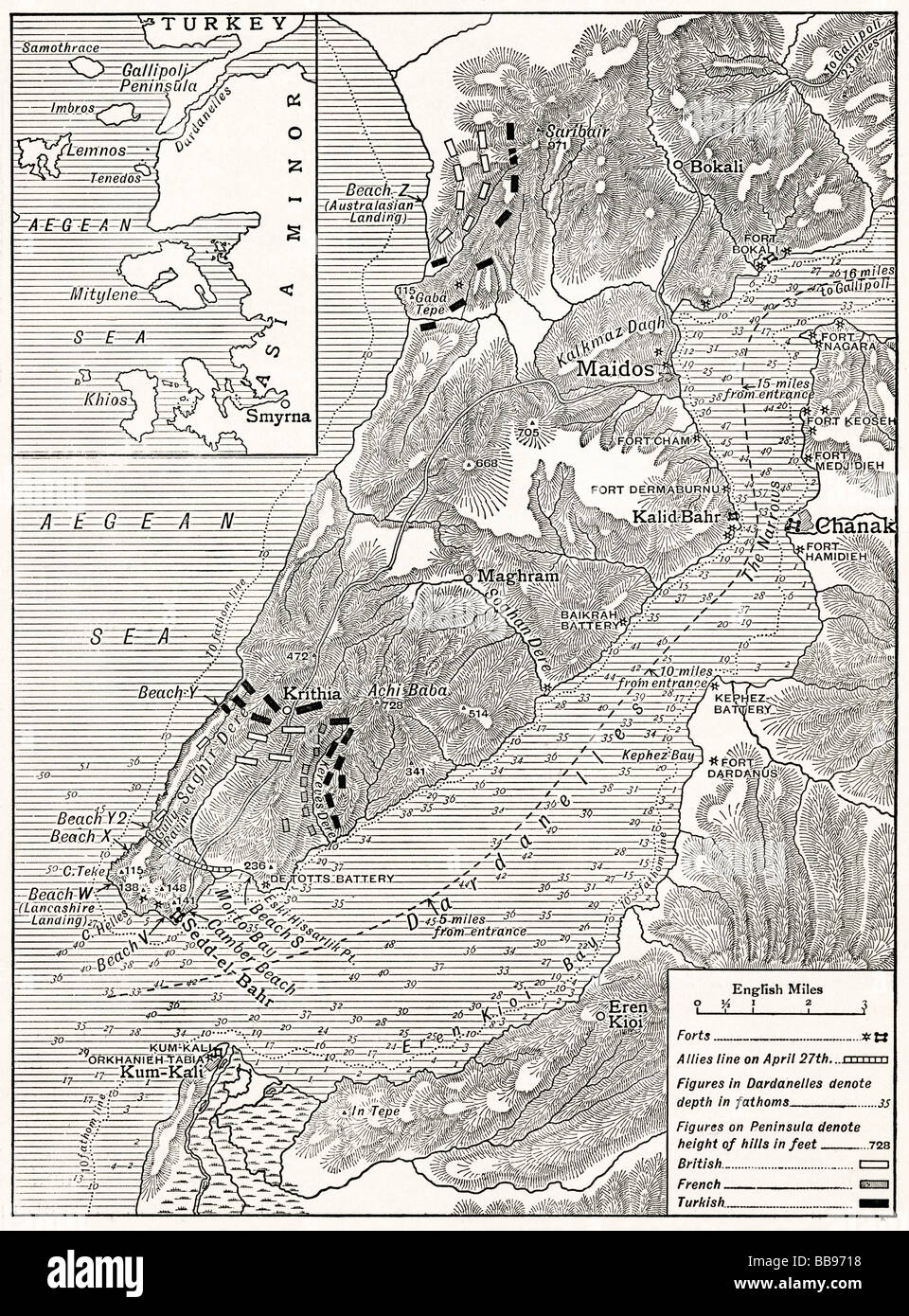 La campagna di Gallipoli mappa che illustra le operazioni degli Alleati sotto Sir Ian Hamilton dall'atterraggio sul 25 aprile al 30 maggio 1915 Foto Stock