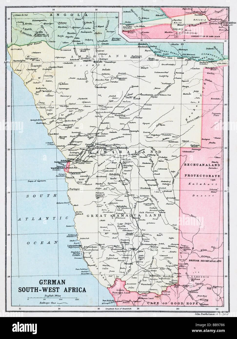 Mappa di tedesco Africa del sud-ovest all'inizio della Prima Guerra Mondiale. Foto Stock