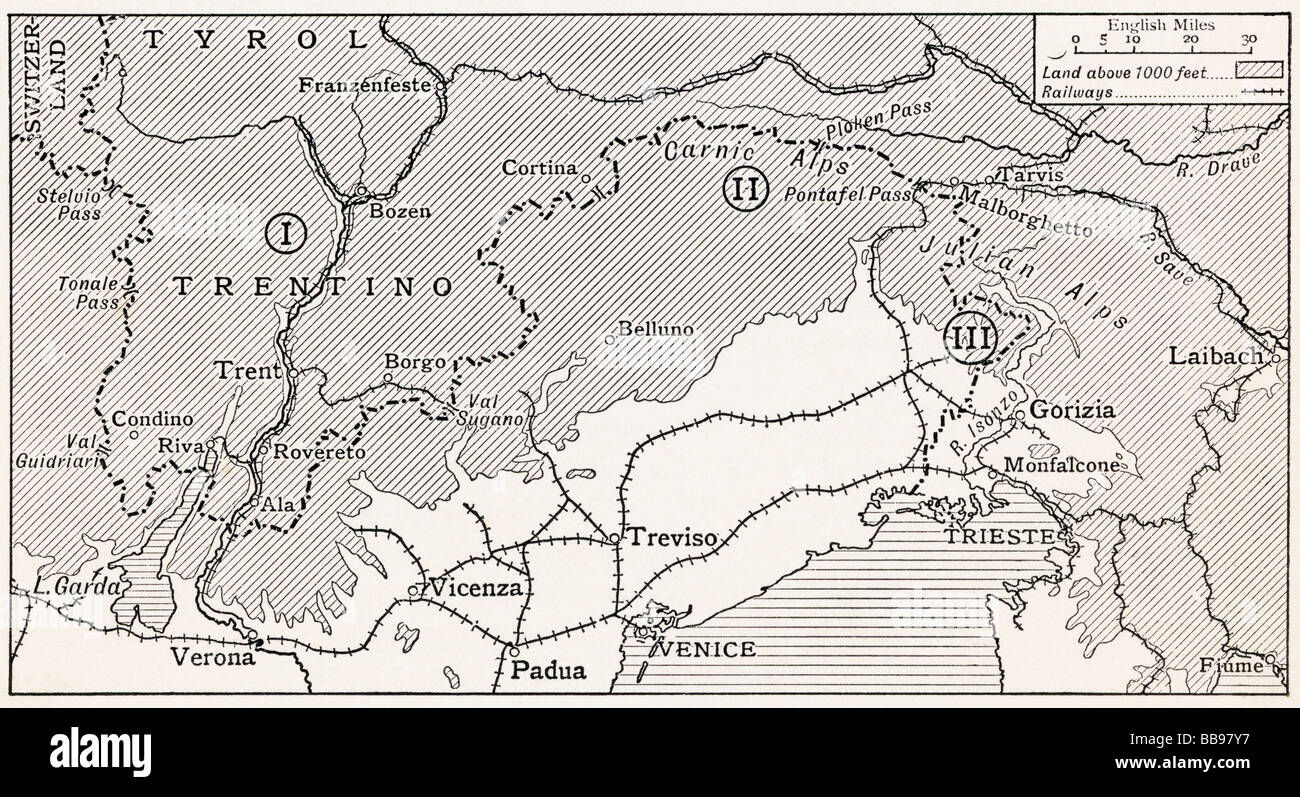 I tre teatri di guerra sul Austro frontiera italiana 1915. 1. Il Trentino . 2. Le Alpi Carniche. 3. Isonzo anteriore. Foto Stock