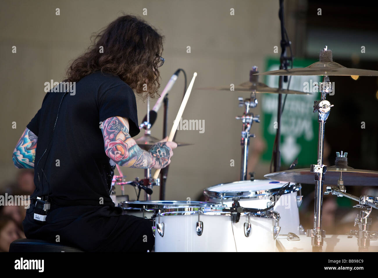 NEW YORK, 22 maggio Pete Wentz Patrick Stump Andy Hurley e Joe Trohman dei Fall Out Boy esegue durante la NBC Today Show Concerto Foto Stock