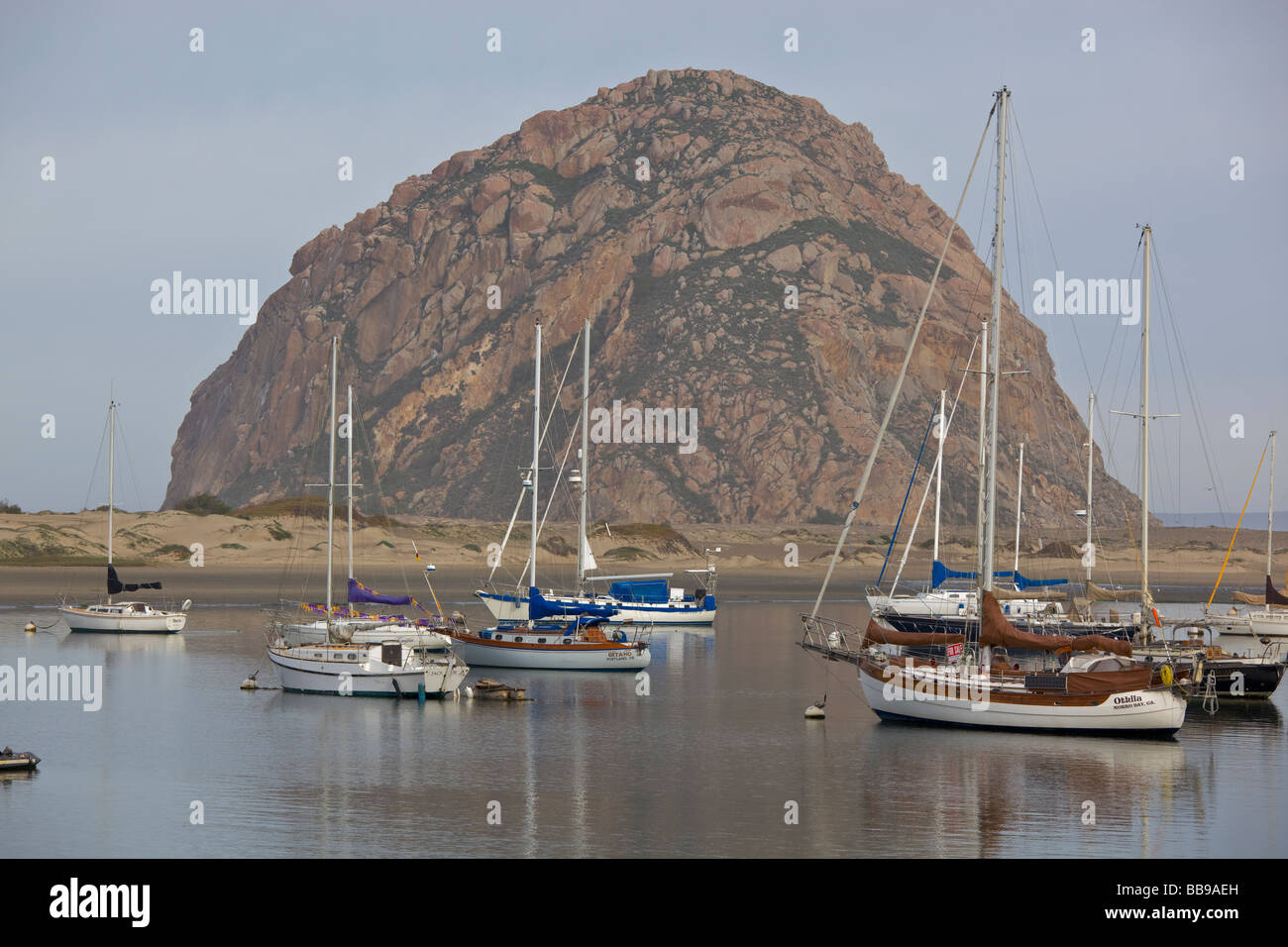 San Luis Obispo County CA di imbarcazioni a vela ormeggiata in porto a Morro Bay con Morro rock a distanza Foto Stock