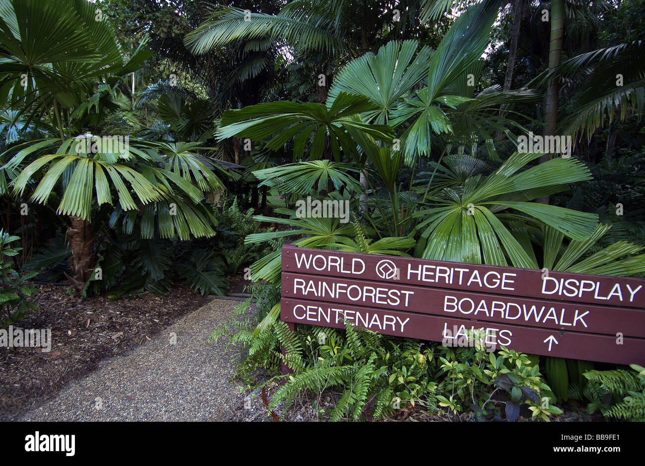 Ingresso al patrimonio mondiale della foresta pluviale Boardwalk e Laghi Centenari percorso, Flecker Botanic Gardens, Cairns, North Queensland Foto Stock