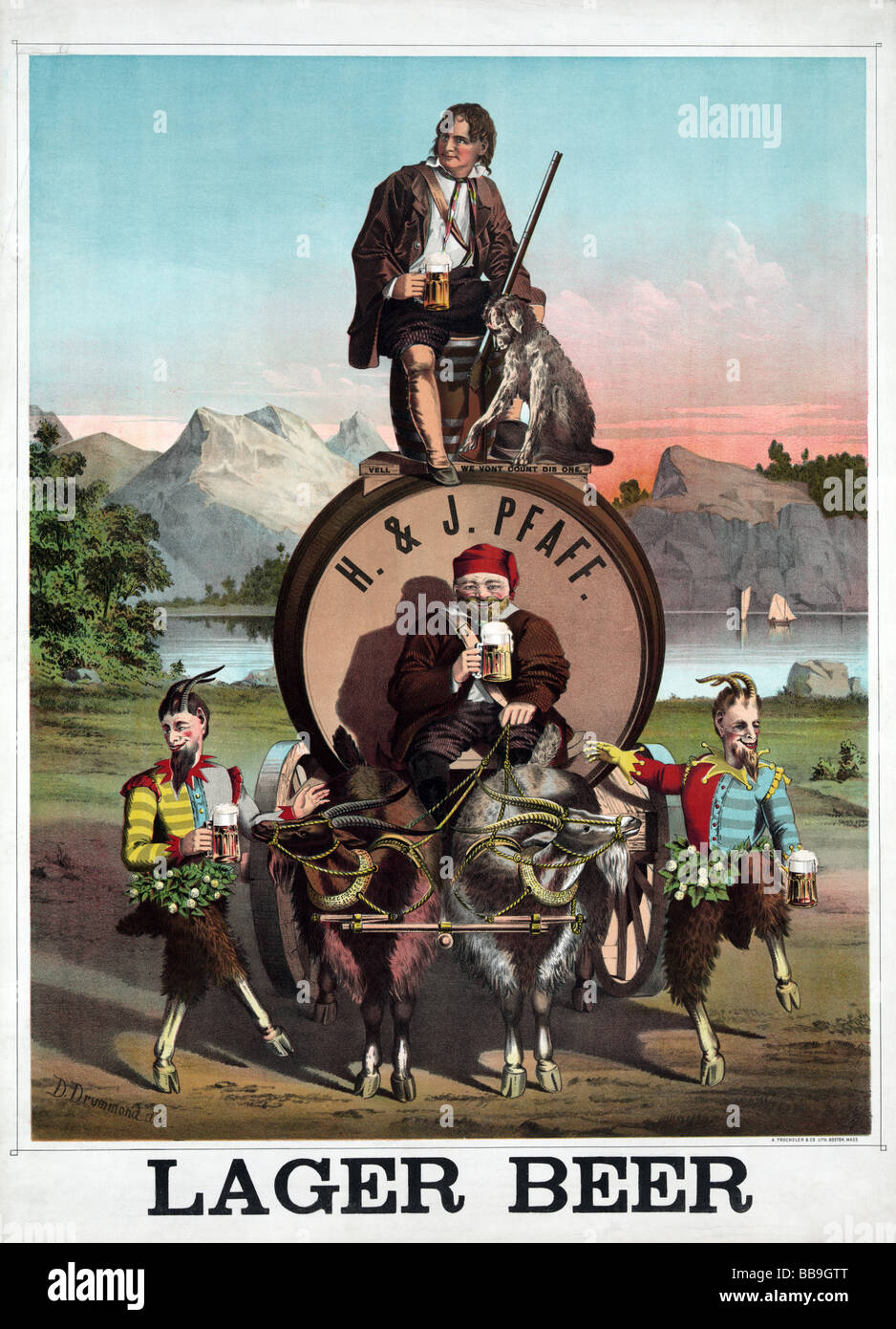 Alla fine del XIX secolo (circa 1870) litografia di poster pubblicitari H & J Pfaff birra lager. Foto Stock