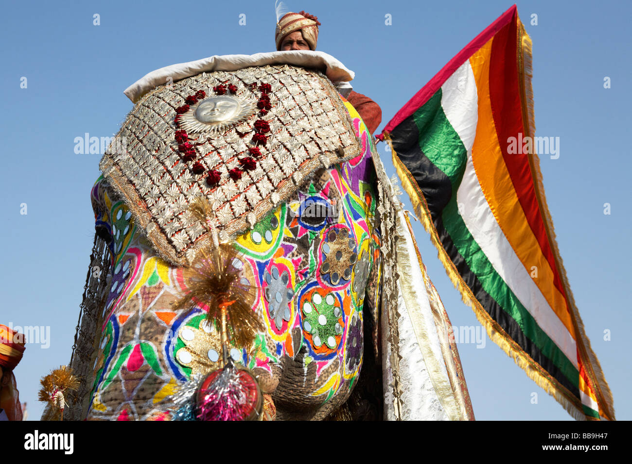 Gli elefanti con i piloti al Festival di elefante Jaipur India Rajasthan Foto Stock
