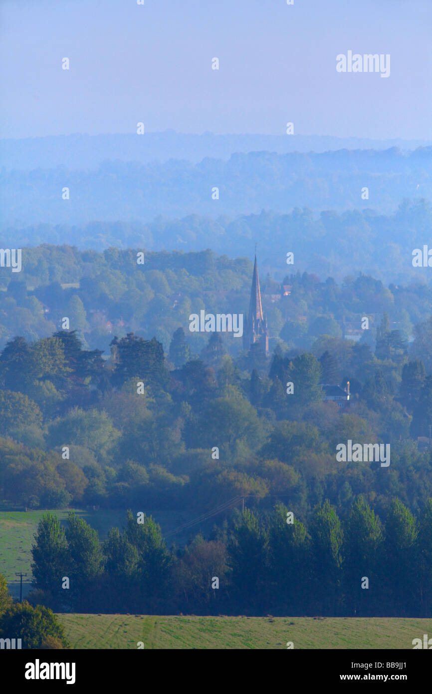 Dorking guglia della chiesa veduta distante, Surrey Foto Stock