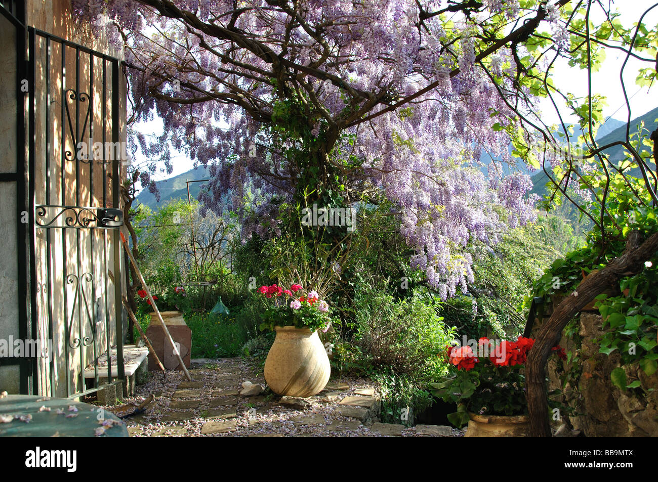 Un giardino nel villaggio di montagna di Marie sur Tinee nelle Alpes Maritimes, Francia Foto Stock