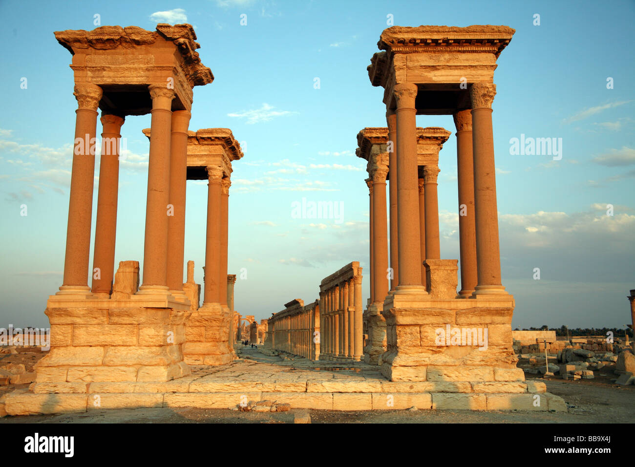 Quadrupla Tetrapylon Arch rovine romane, Palmyra Siria Foto Stock