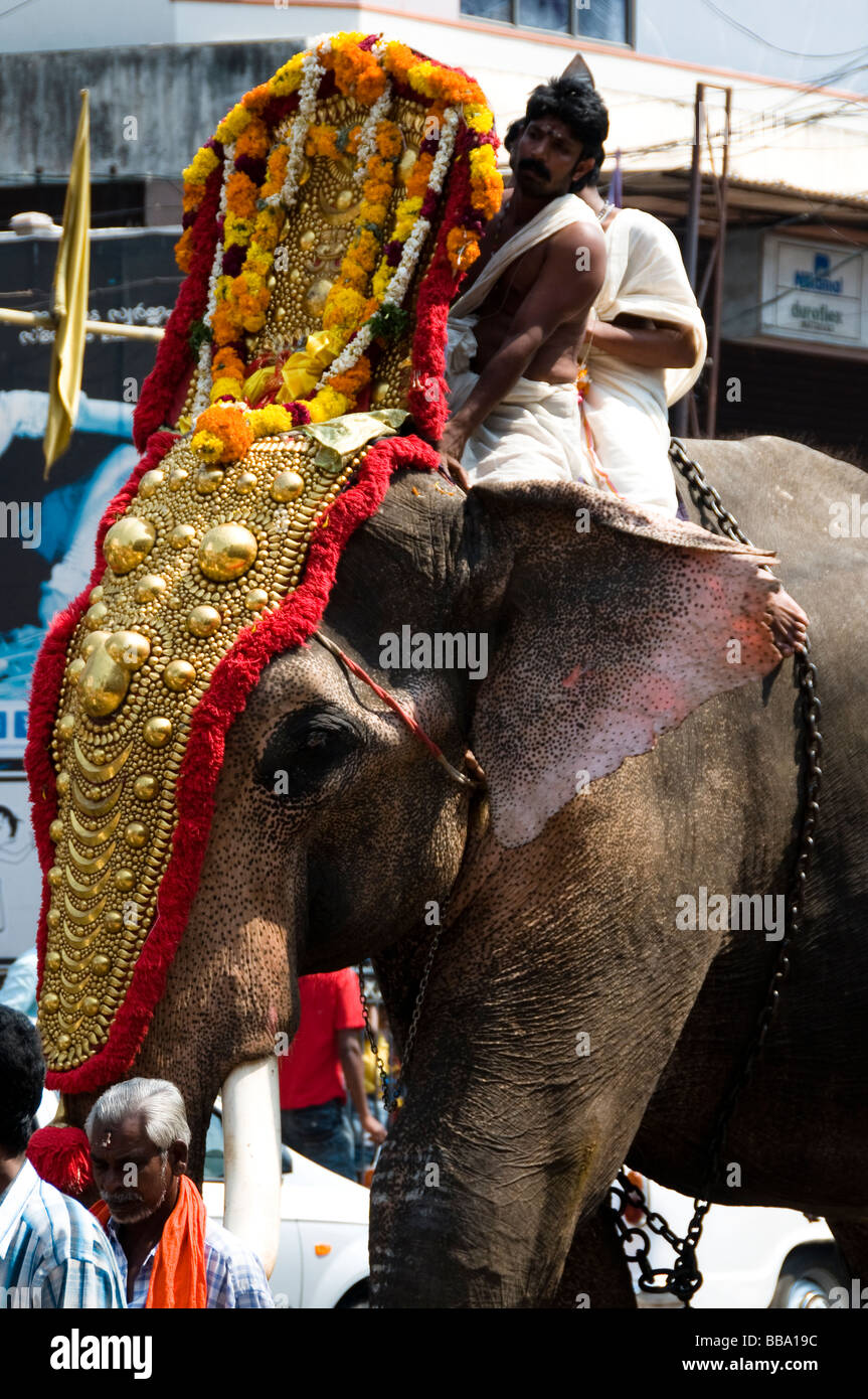 Riccamente decorato tempio cerimoniale Elephant andando a un tempio festival Trivandrum, Kerala Foto Stock