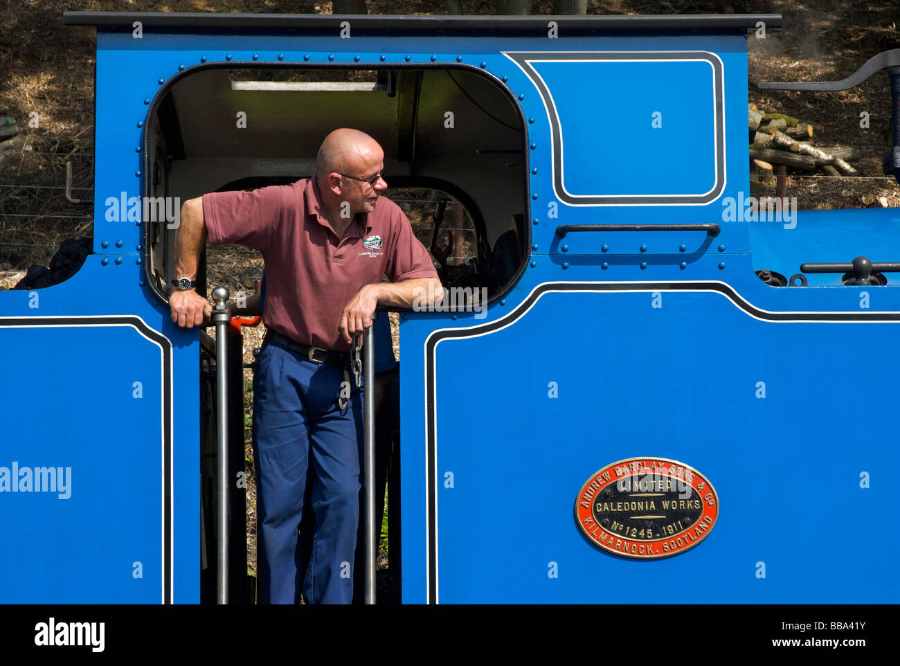 Driver del motore, al lago & Haverthwaite ferroviarie, South Lakeland, Cumbria, England Regno Unito Foto Stock