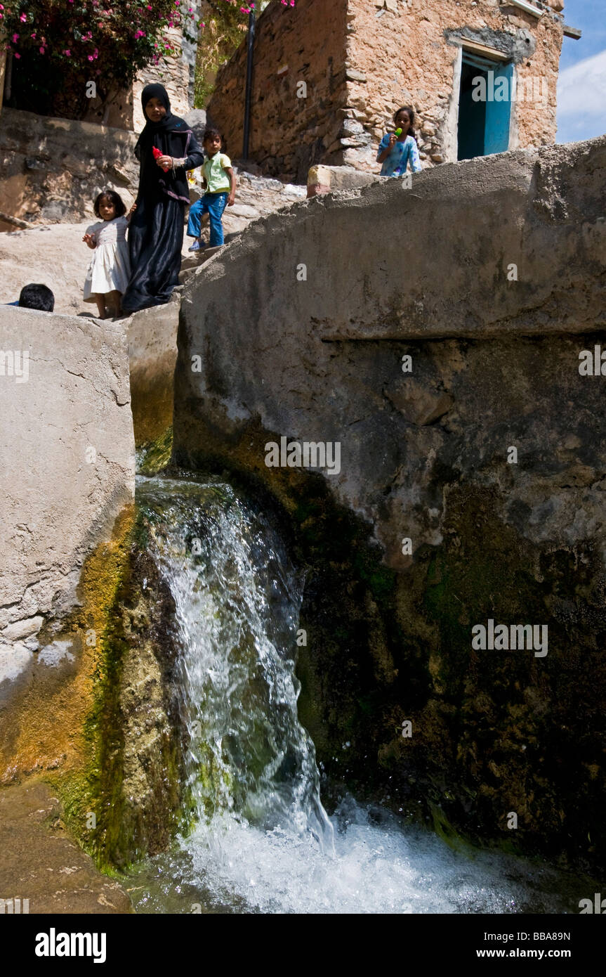 Aflaj antica acqua impianto di irrigazione nel villaggio di Misfat Al Abriyyin in Jabal Al Akhdar, regione Dhakiliya Oman Foto Stock