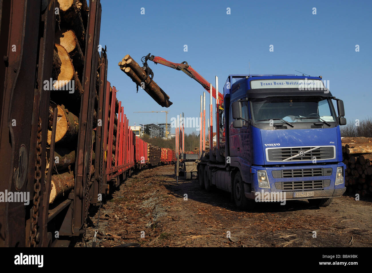 Rottura del vento da Kirill uragano essendo caricato da un camion su un treno, Wittgenstein, Renania settentrionale-Vestfalia, Germania Foto Stock