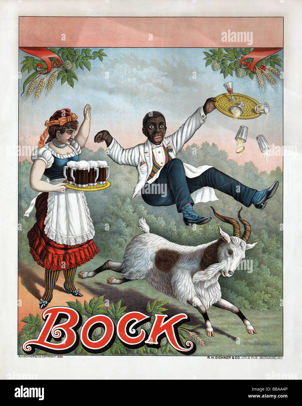 Alla fine del XIX secolo (circa 1889) litografia di poster pubblicitari Bock birra. Foto Stock