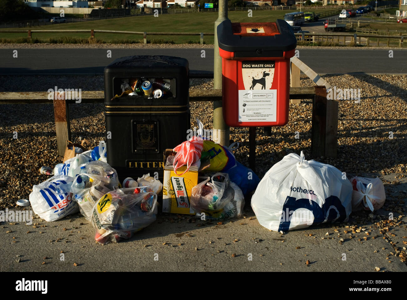 Seaford East Sussex spazzatura da picnic e rifiuti di cane Foto Stock