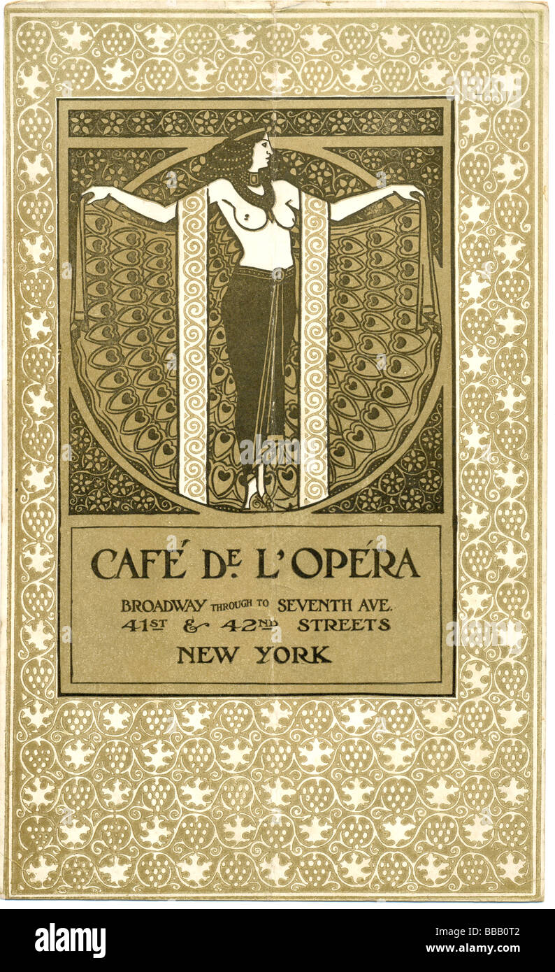 Menu per il Cafe de L'Opera, Broadway, New York, Stati Uniti d'America Foto Stock