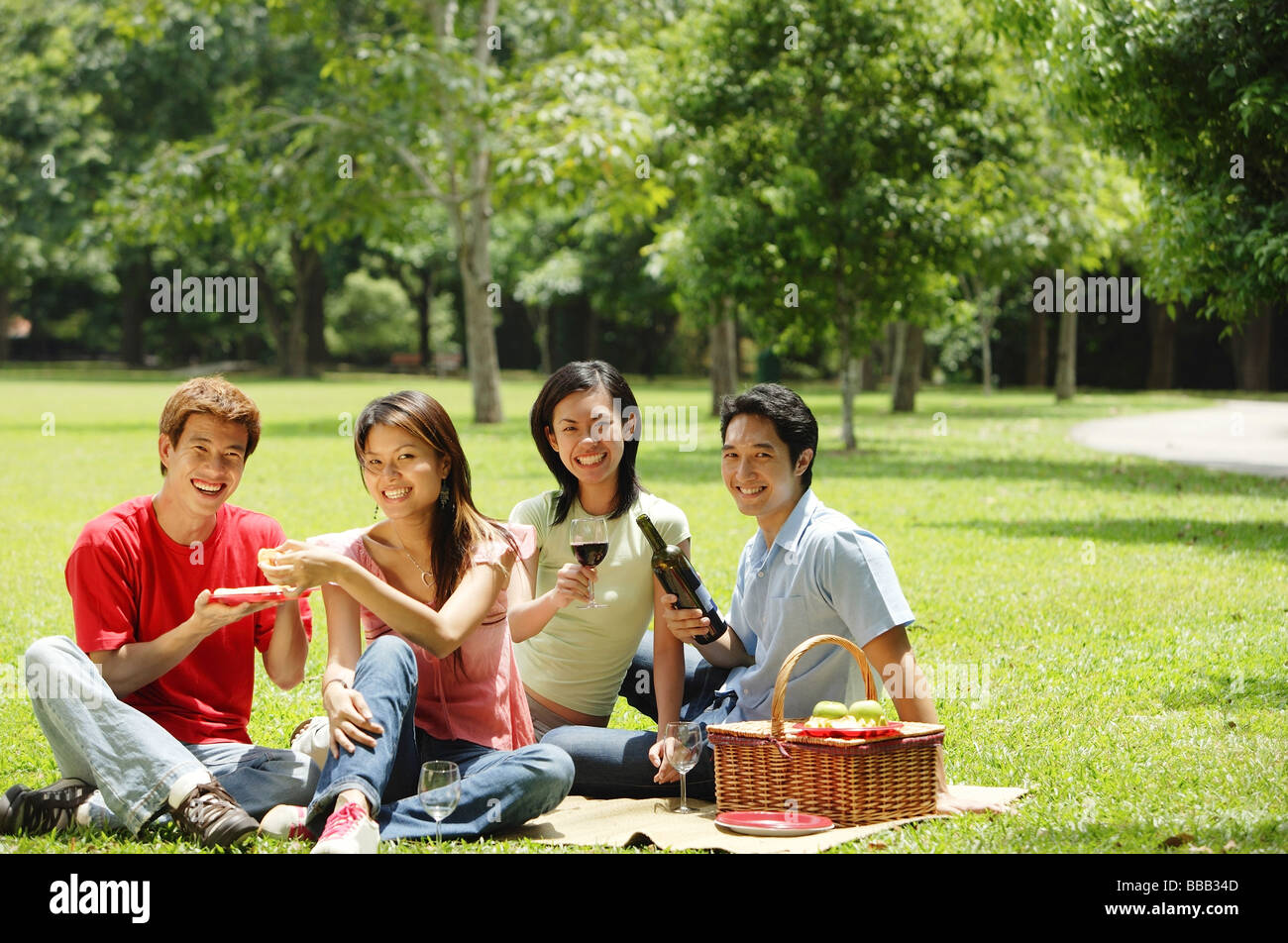 I giovani adulti aventi picnic nel parco, guardando la fotocamera Foto Stock