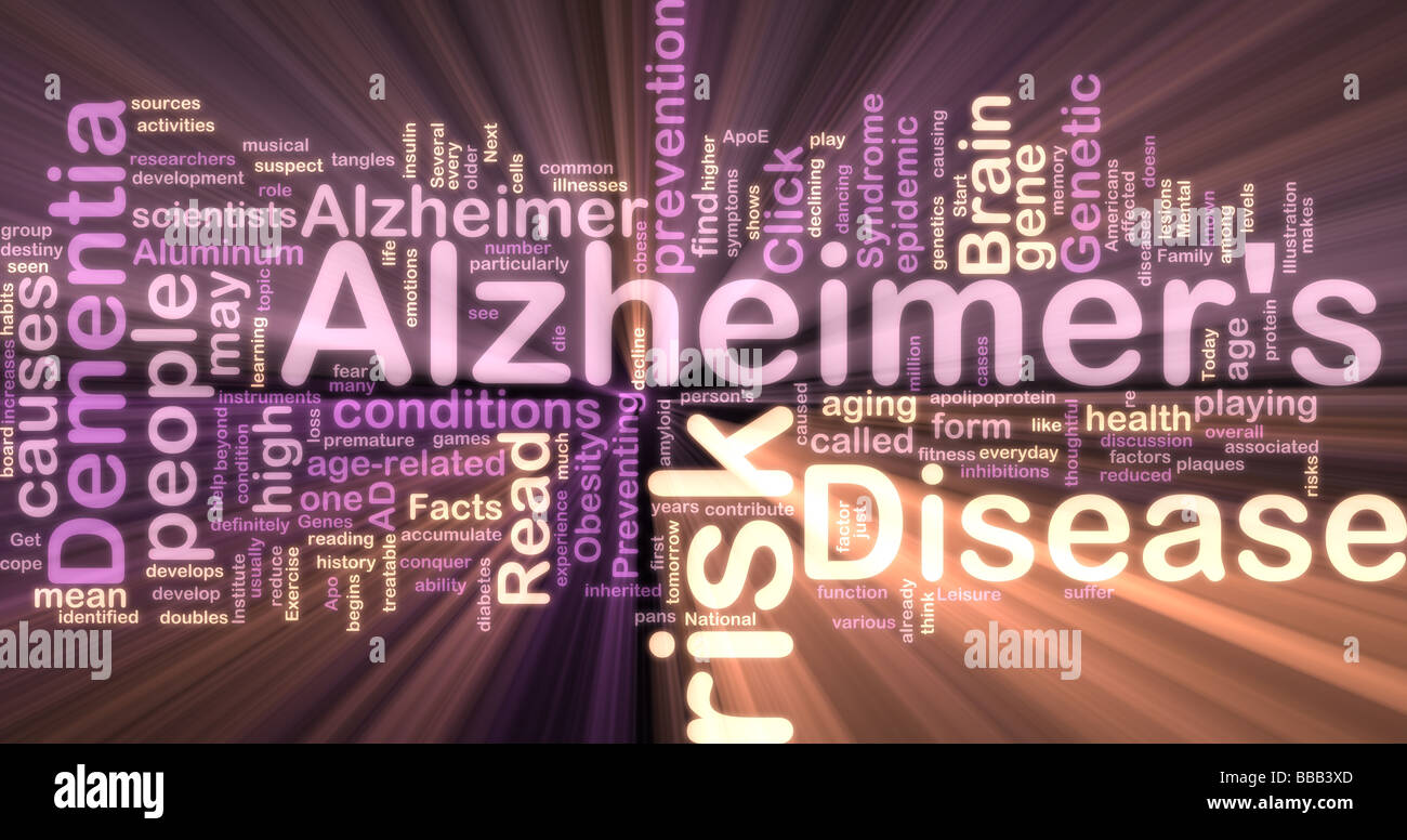 Parola concetto cloud illustrazione della malattia di Alzheimer incandescente luce al neon stile Foto Stock