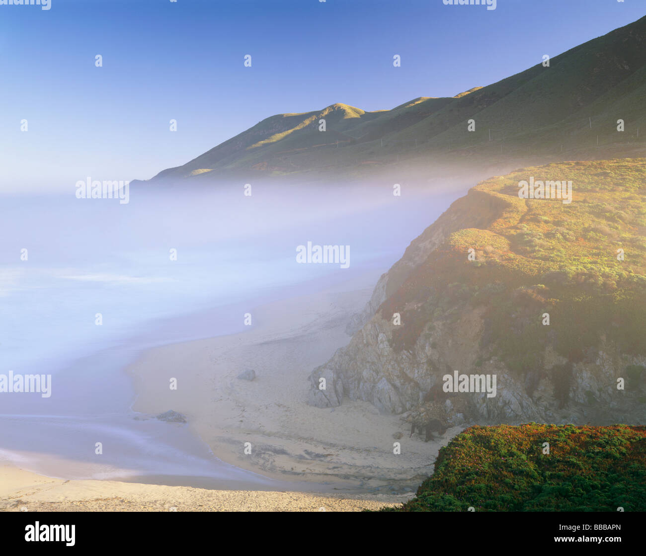 Garrapata State Park CA Cancellazione di nebbia di mattina su promontori rocciosi di Garrapata Beach Foto Stock