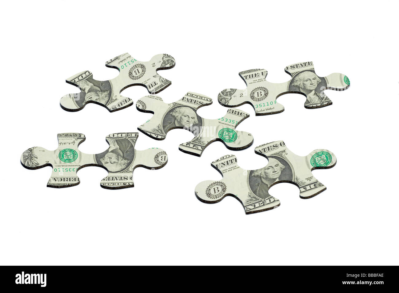 I puzzle sovrapposte con US dollar nota riflettente incertezza economia Foto Stock