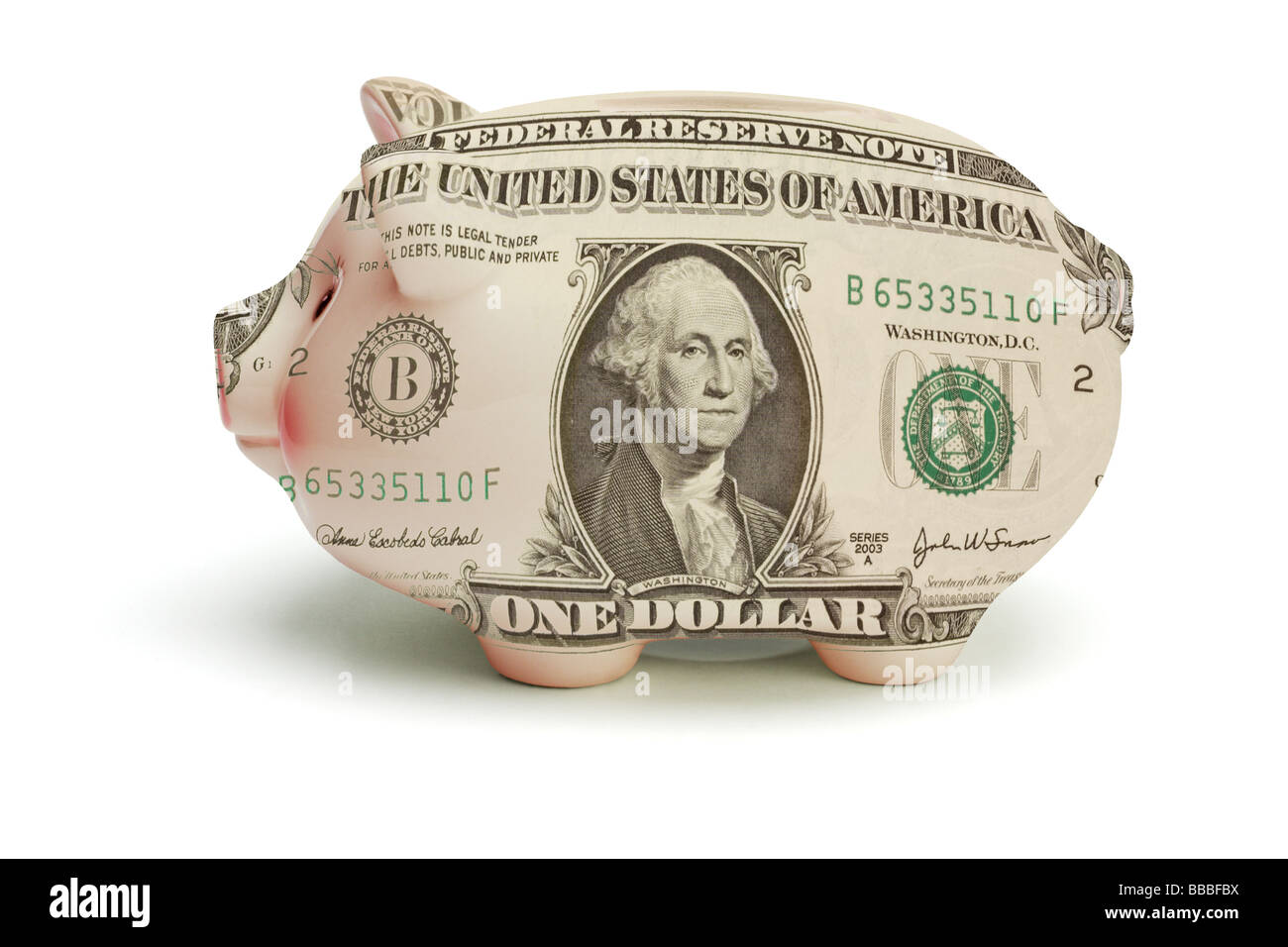 Stirato US dollar nota sovrapposto salvadanaio su sfondo bianco Foto Stock