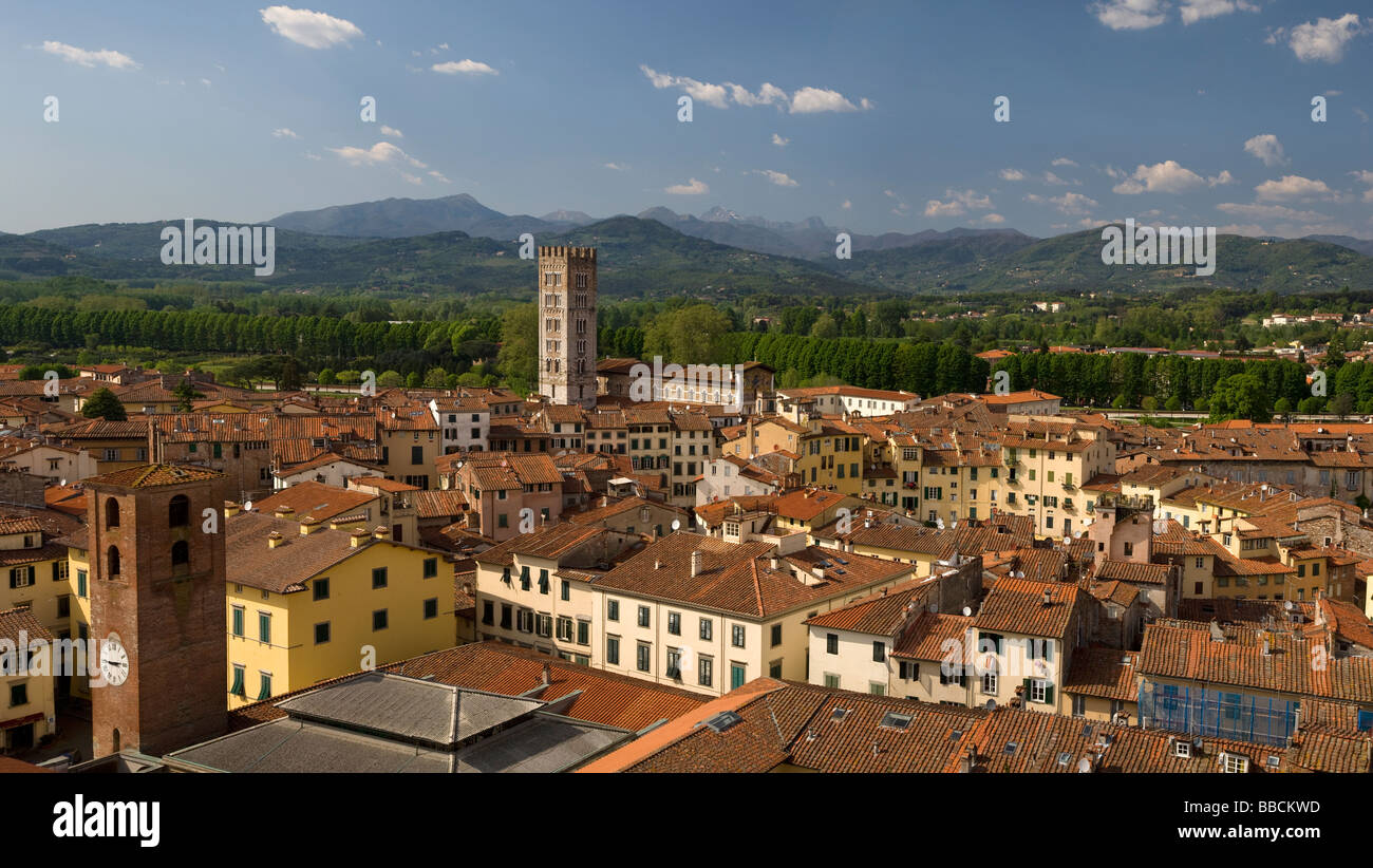 Vista sui tetti di Lucca con le colline in lontananza e Basilica di San Frediano prominente in primo piano, Toscana, Italia. Foto Stock