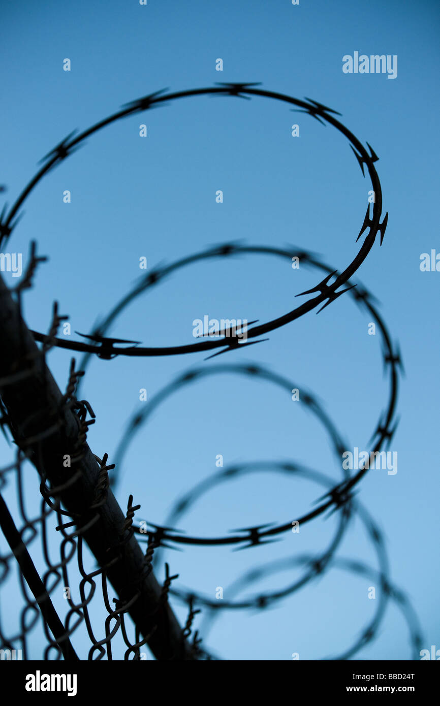 Abstract dettaglio immagine di arricciato filo spinato sulla parte superiore di una recinzione contro un cielo blu suggerendo la sicurezza alle frontiere o protezione. Foto Stock