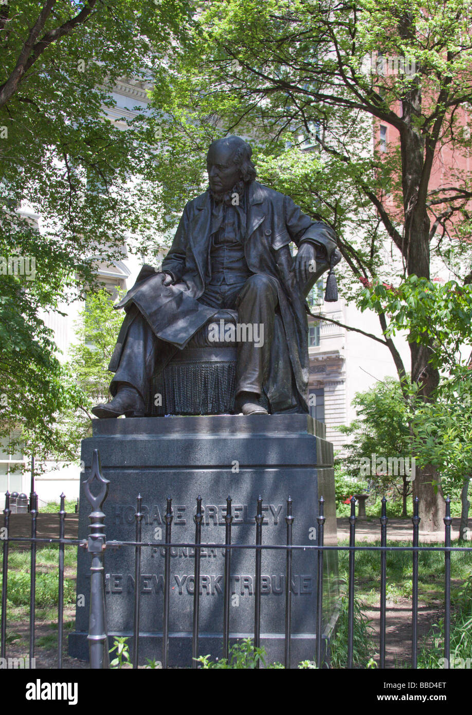 Statua di Horace Greeley, City Hall Park, New York NY USA Foto Stock