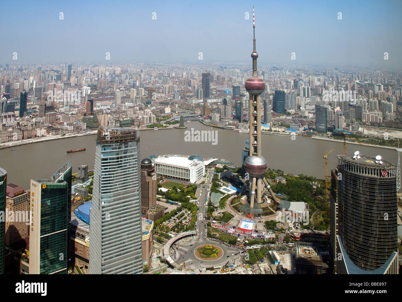 Vista aerea con Shanghai Oriental Pearl Tower Cina Foto Stock