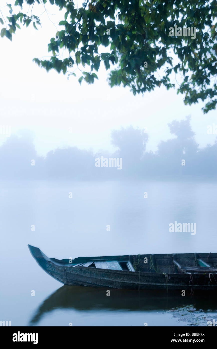 Canoa nella nebbia di mattina a Sra Srang, Angkor, Cambogia Foto Stock