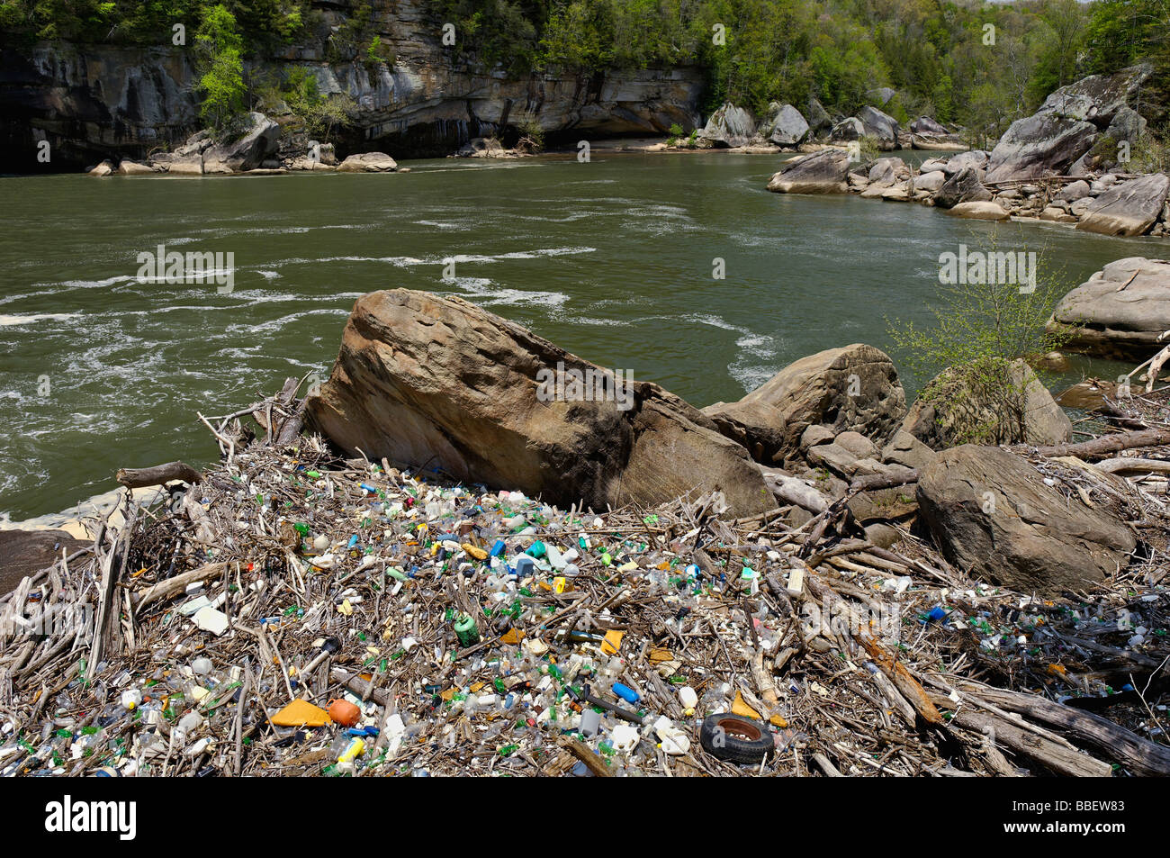 Accumulo di rifiuti e rifiuti lavato fino sulla riva del fiume Cumberland in McCreary County Kentucky Foto Stock