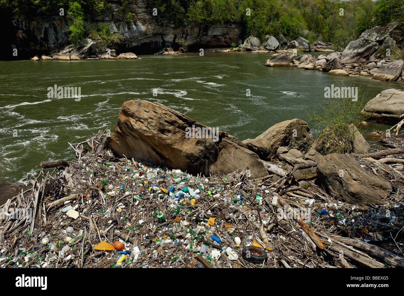 Accumulo di rifiuti e rifiuti lavato fino sulla riva del fiume Cumberland in McCreary County kentucky Foto Stock