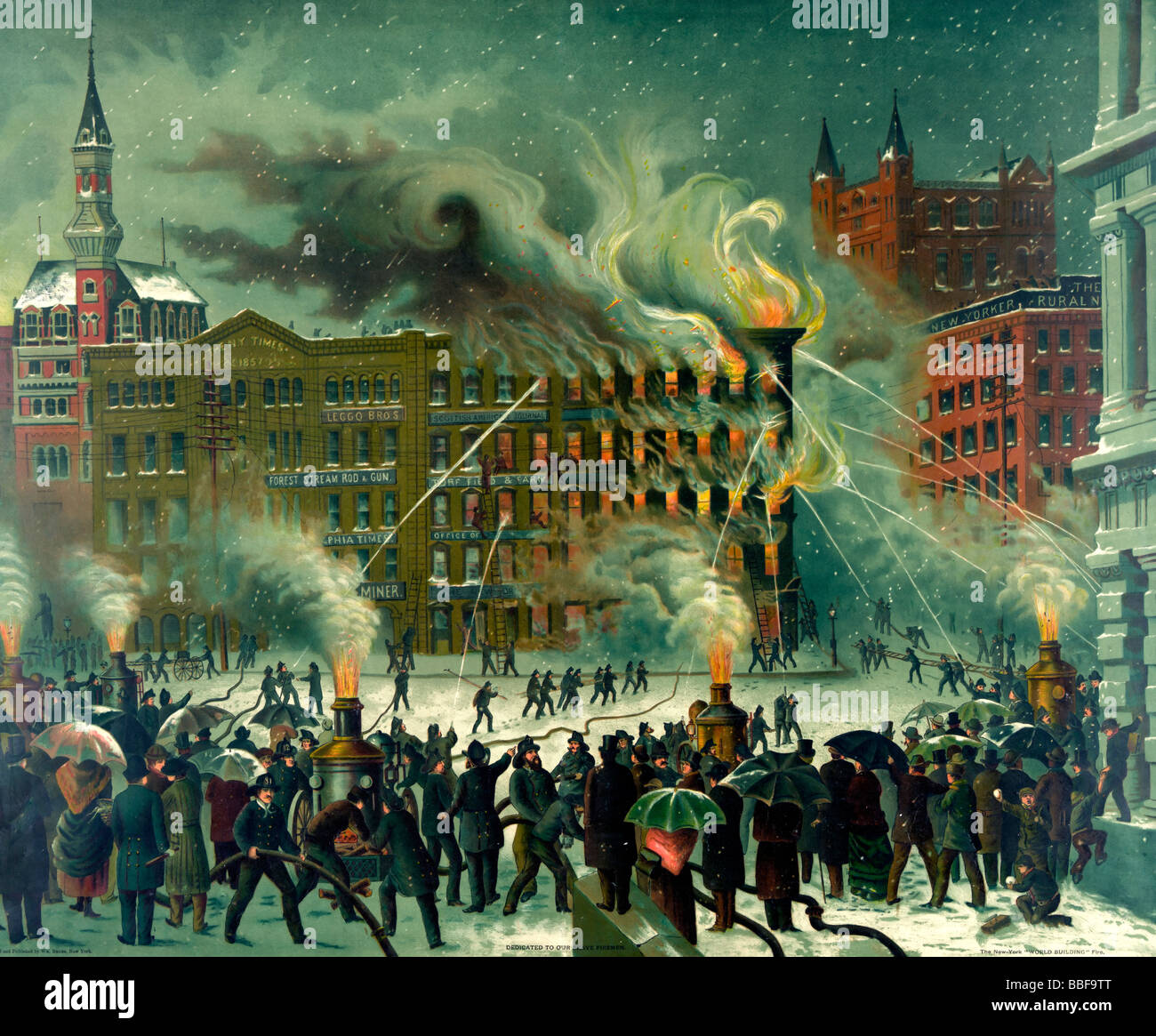 Il New-York 'World Building fire circa 1883 Foto Stock