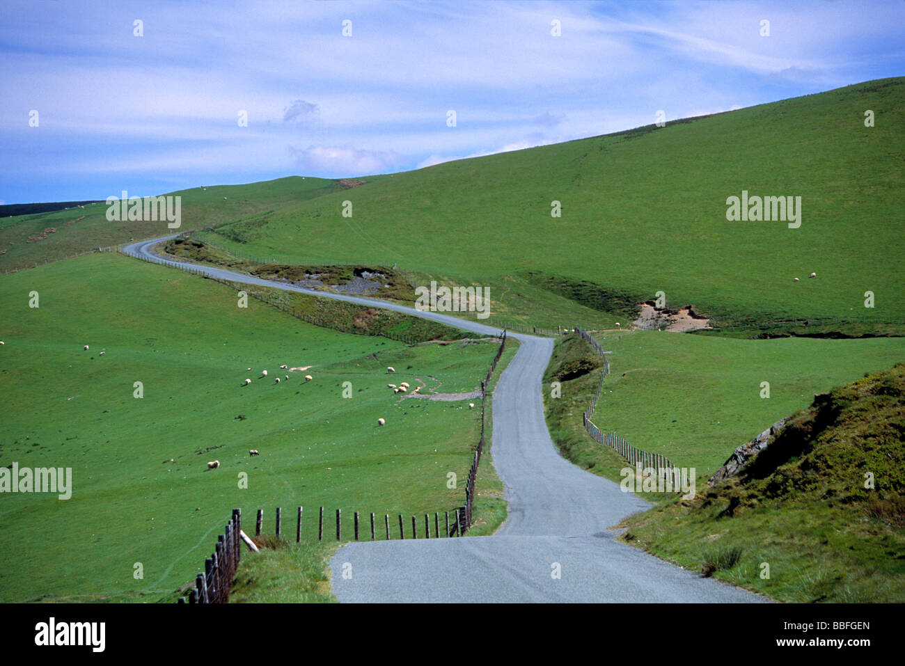 Ty nant Valley Road si snoda attraverso le lussureggianti colline verdi del Parco Nazionale di Snowdonia Gwynedd contea del Galles Foto Stock