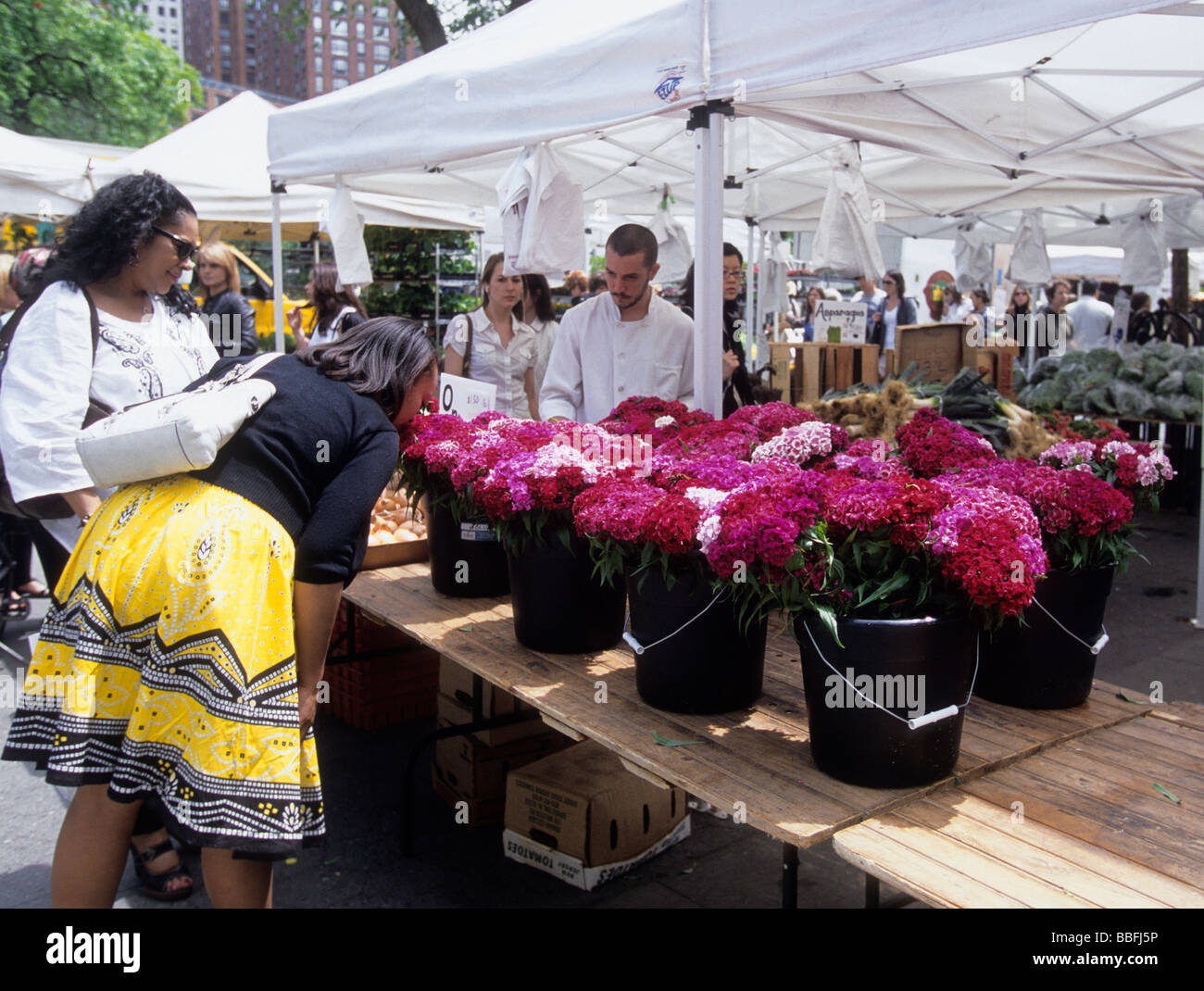 Mercato verde di Union Square. Venditore di strada al 14 ° mercato contadino di strada. Vendere fiori per strada a New York City USA Foto Stock