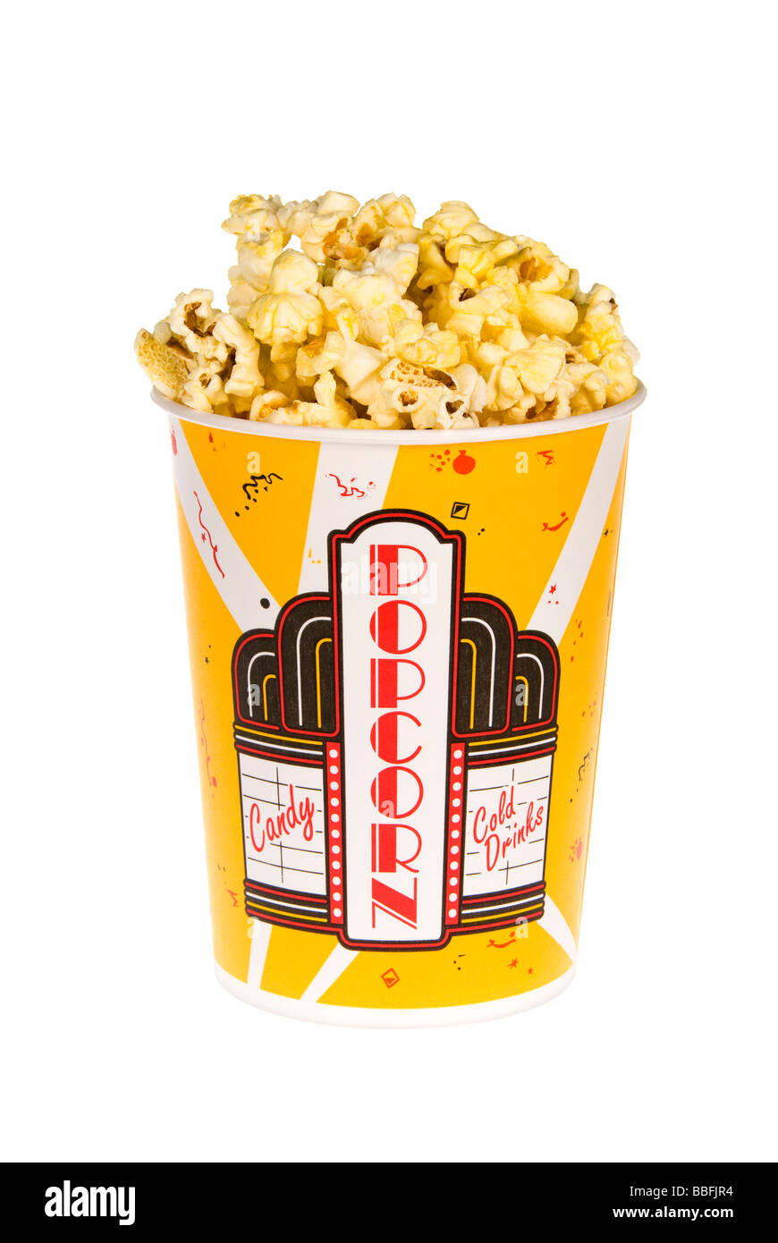 Un caldissimo secchio del film popcorn isolato su uno sfondo bianco Foto Stock