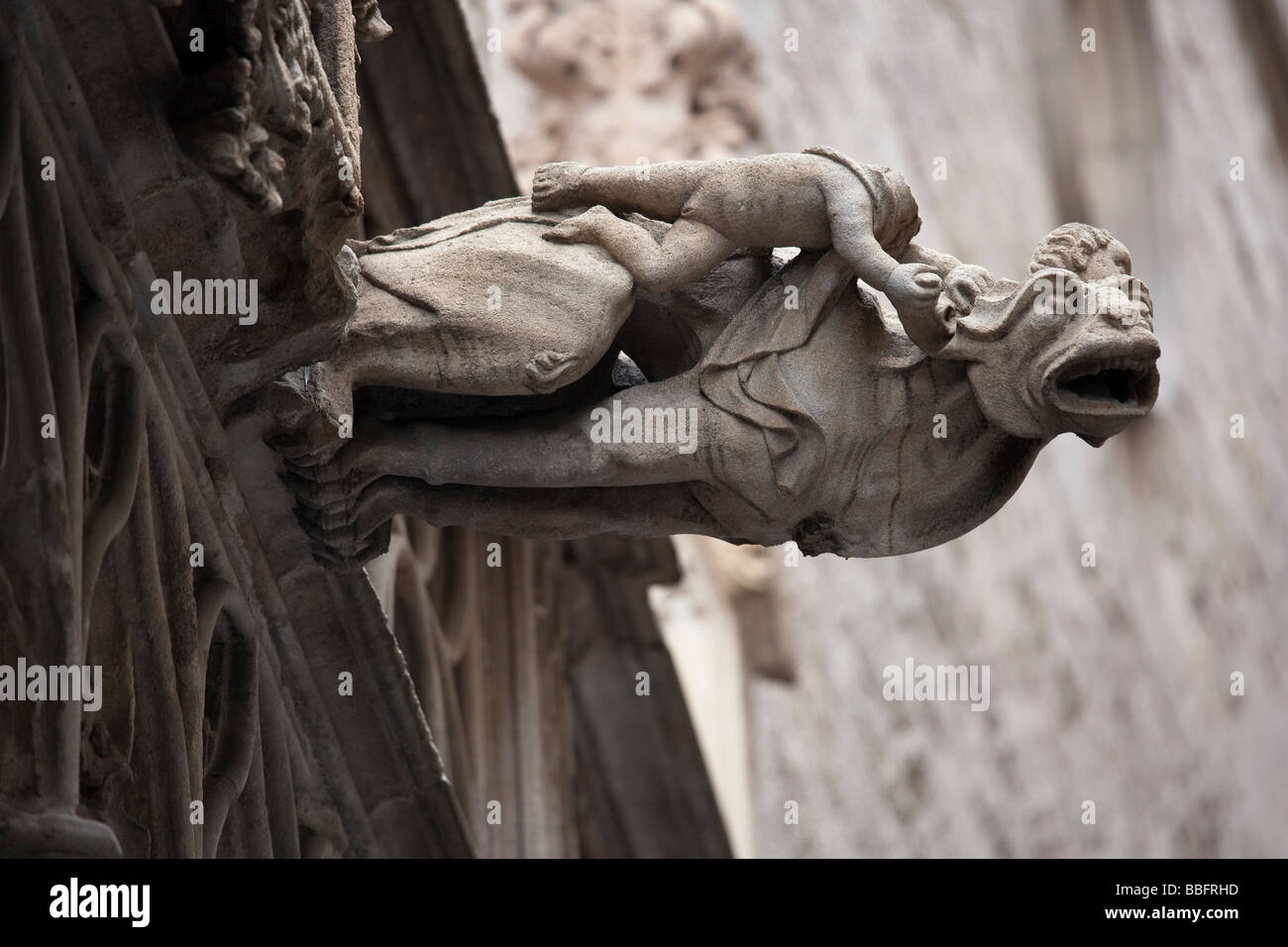 Gargoyle su una strada di Barcellona, Spagna, Europa, Barrio Gotico Vella Catalogna Foto Stock