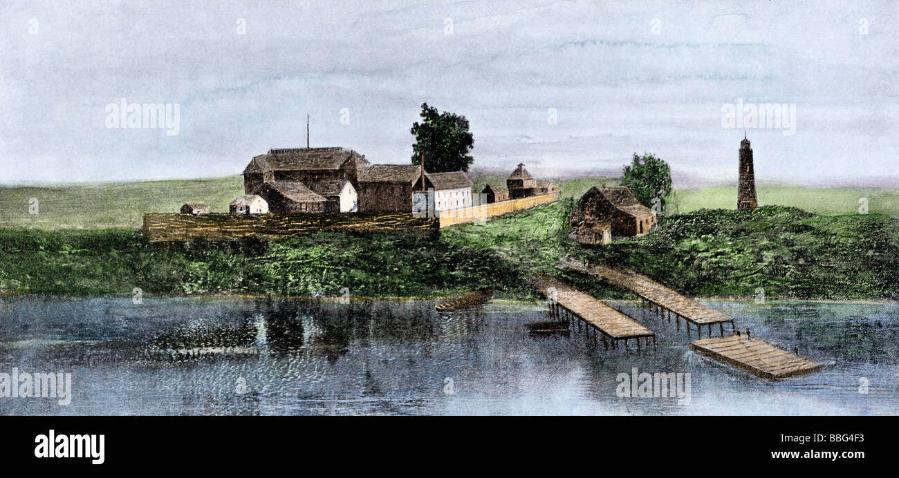 Fort Dearborn nel 1803 sul lato sud del fiume Chicago. Colorate a mano di mezzitoni una illustrazione Foto Stock
