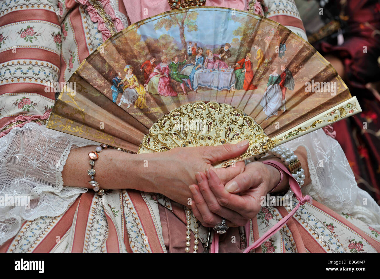 La vita in epoca barocca del XVIII secolo, della ventola e del costume, Schiller Jahrhundertfest festival, Marbach am Neckar, Baden-Wuerttember Foto Stock