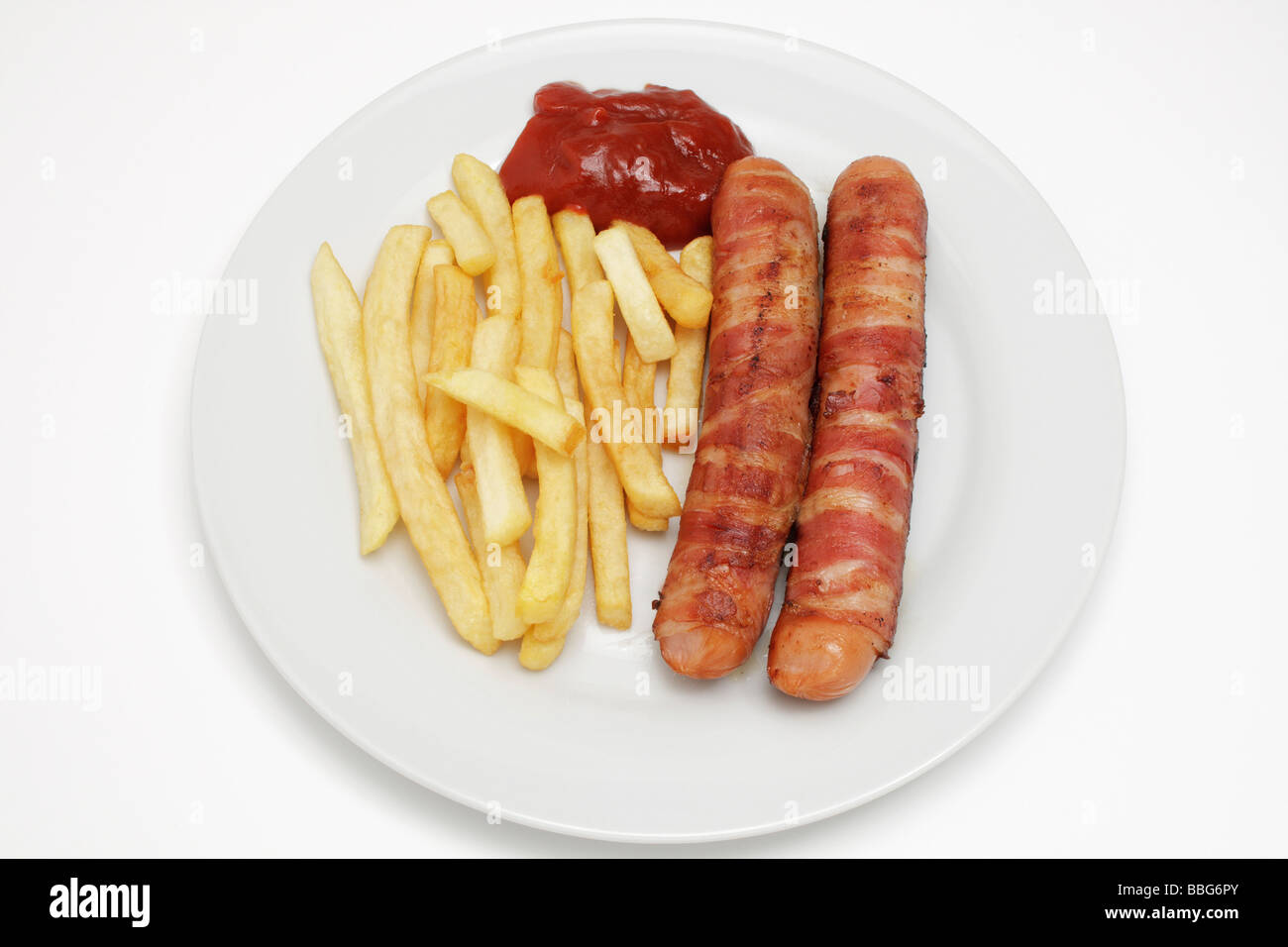 Oberland Salsiccia con patate fritte, ketchup Foto Stock