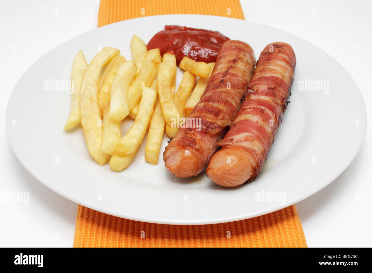 Oberland Salsiccia con patate fritte, ketchup Foto Stock
