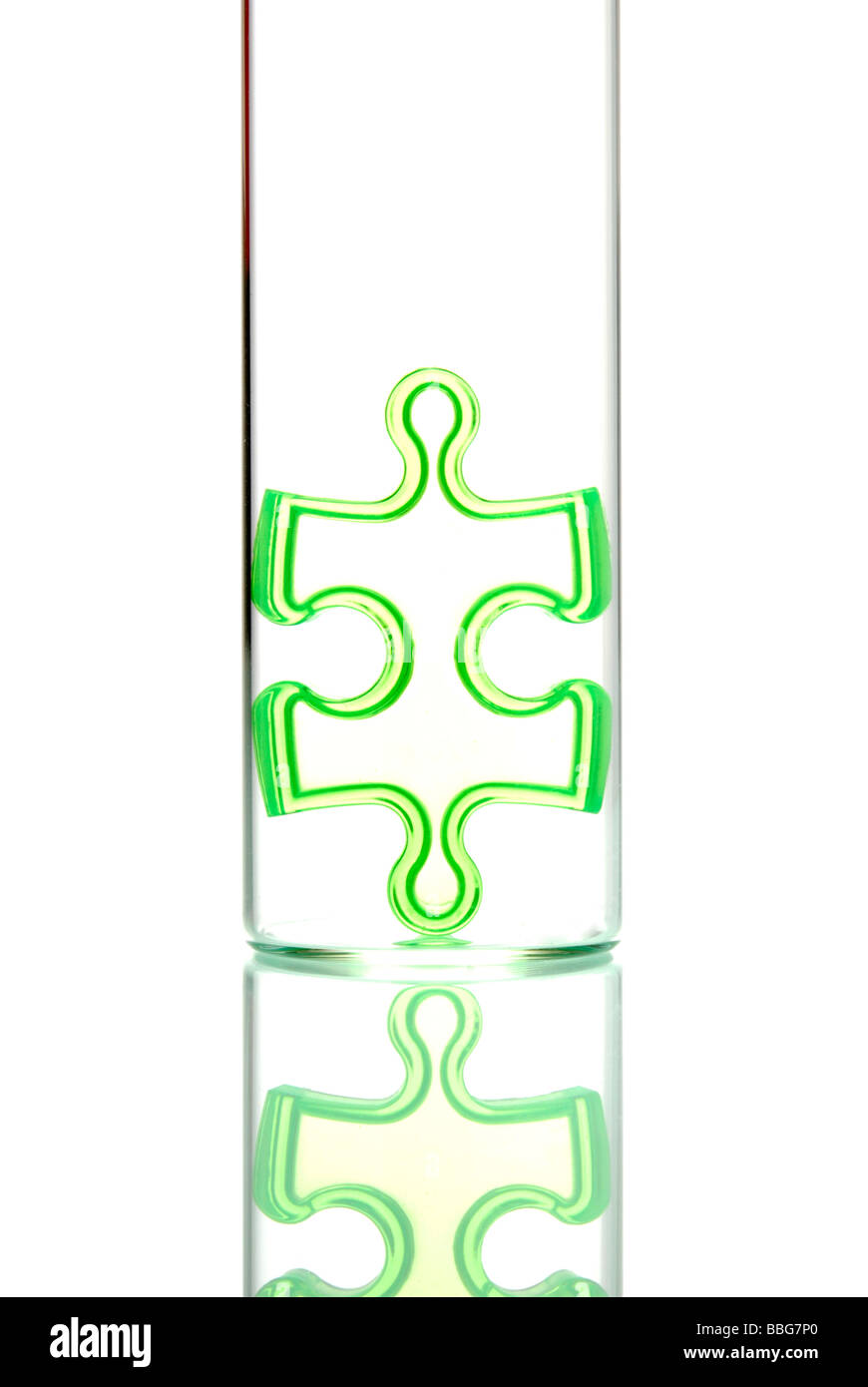 Jigsaw puzzle in un tubo di prova, simbolico di analisi di un singolo pezzo Foto Stock