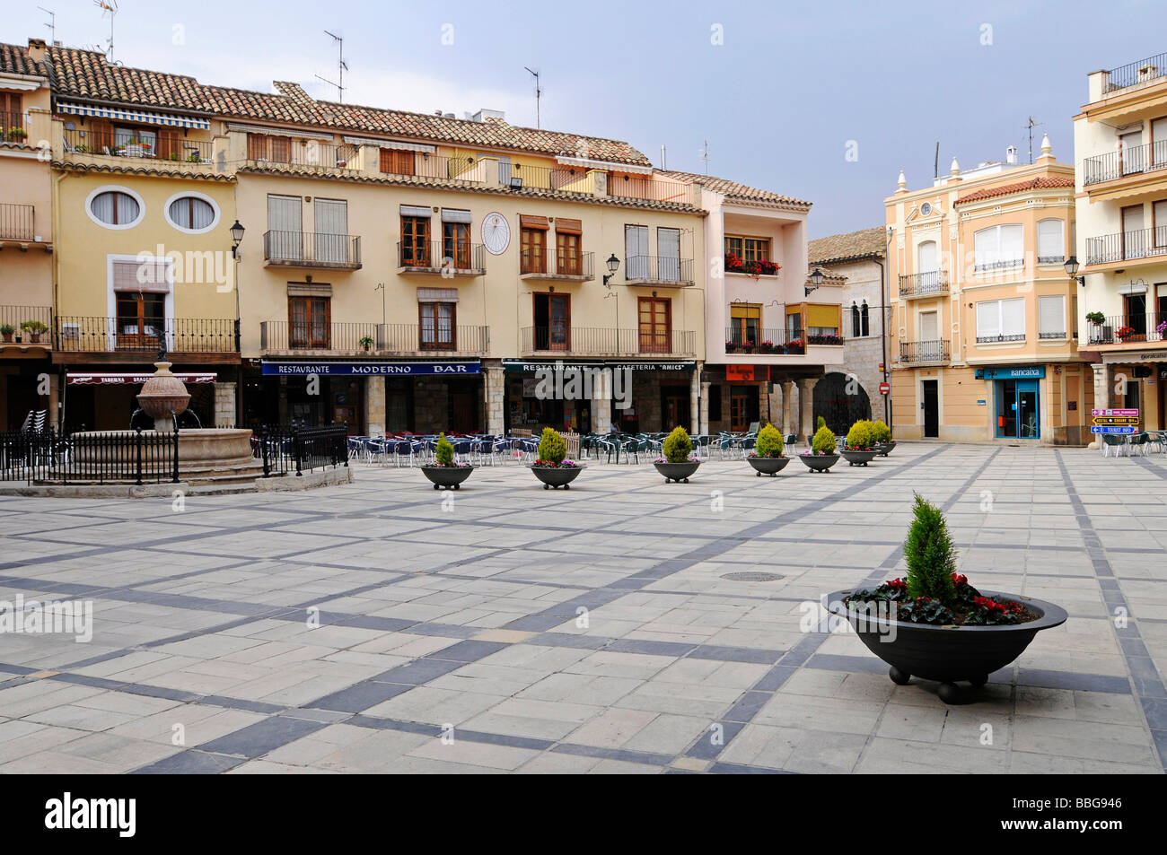 Plaza Mayor, la piazza principale di Sant Mateu, Sant Mateo, Castellon, Valencia, Spagna, Europa Foto Stock