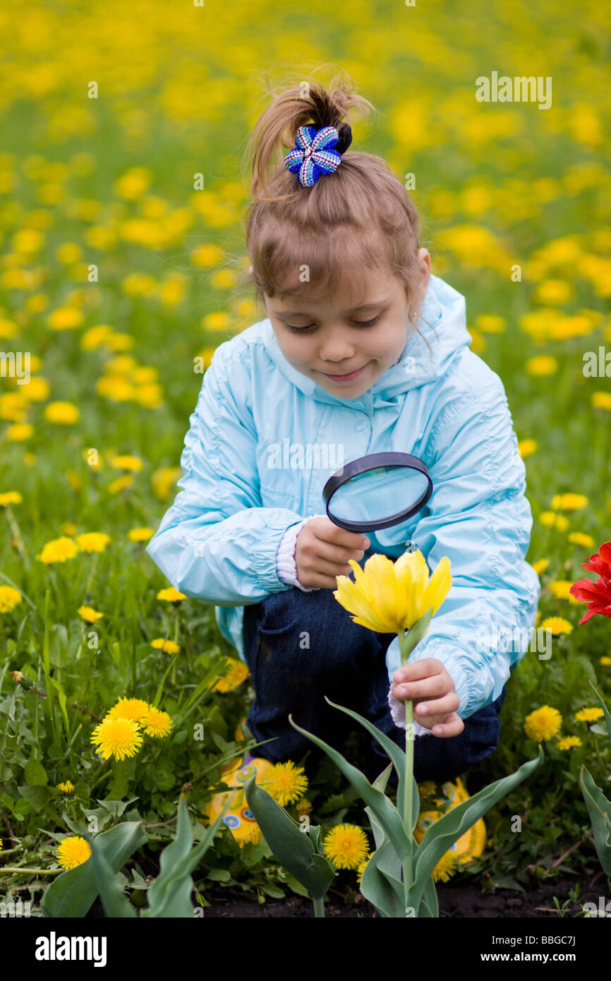 Giovane ragazza sta guardando attraverso una lente di ingrandimento e la ricerca di un fiore Foto Stock