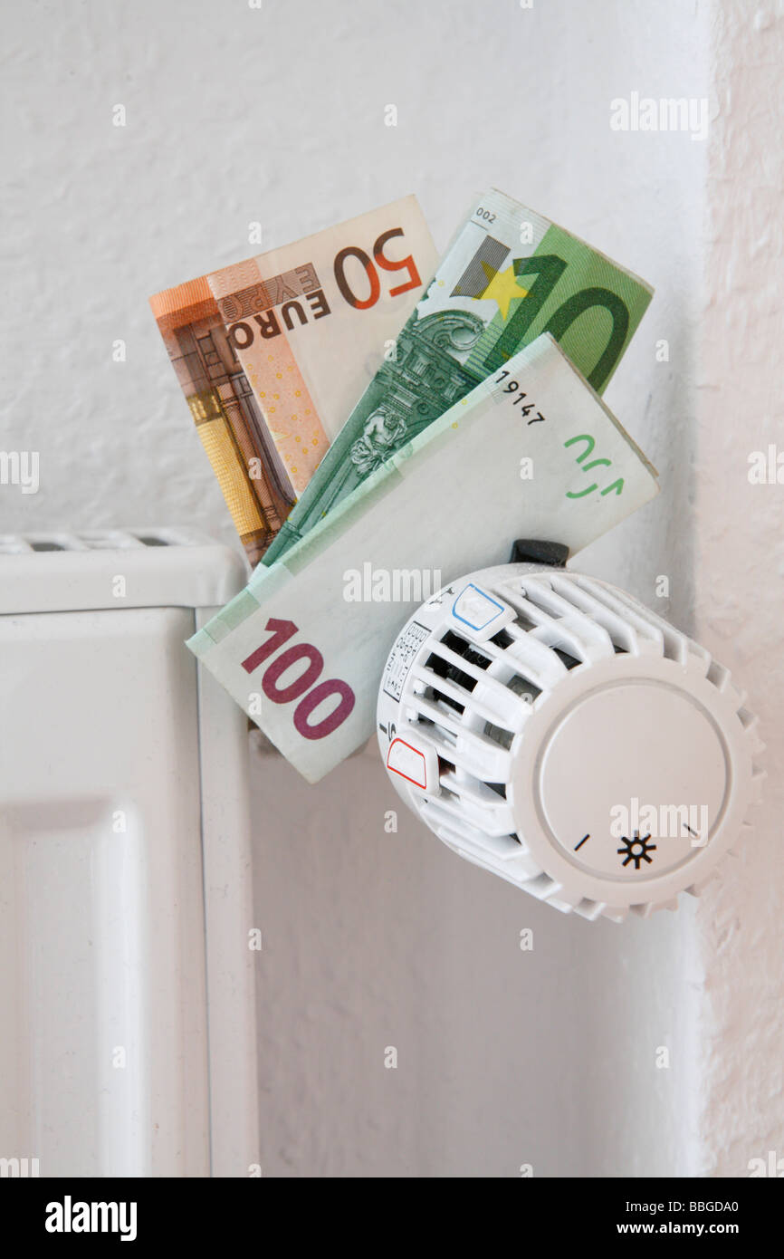 Il radiatore con termostato e banconote Foto Stock