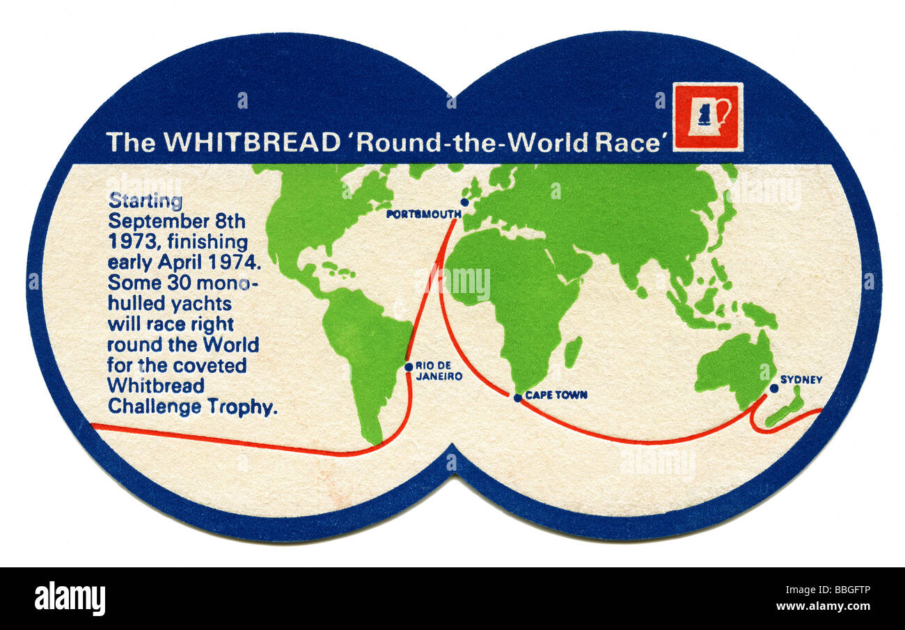 Vecchio beermat promuovendo la Whitbread Round the world challenge yacht regata, 1974 Foto Stock