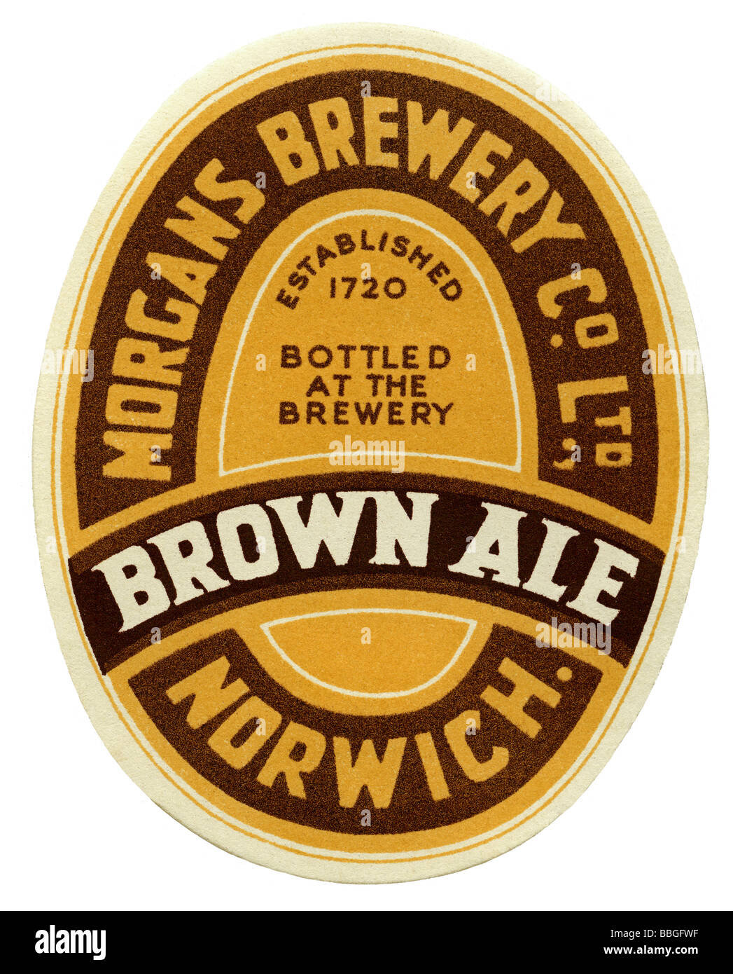 Vecchia birra britannica etichetta per Morgans Brown Ale, Norwich, Norfolk Foto Stock