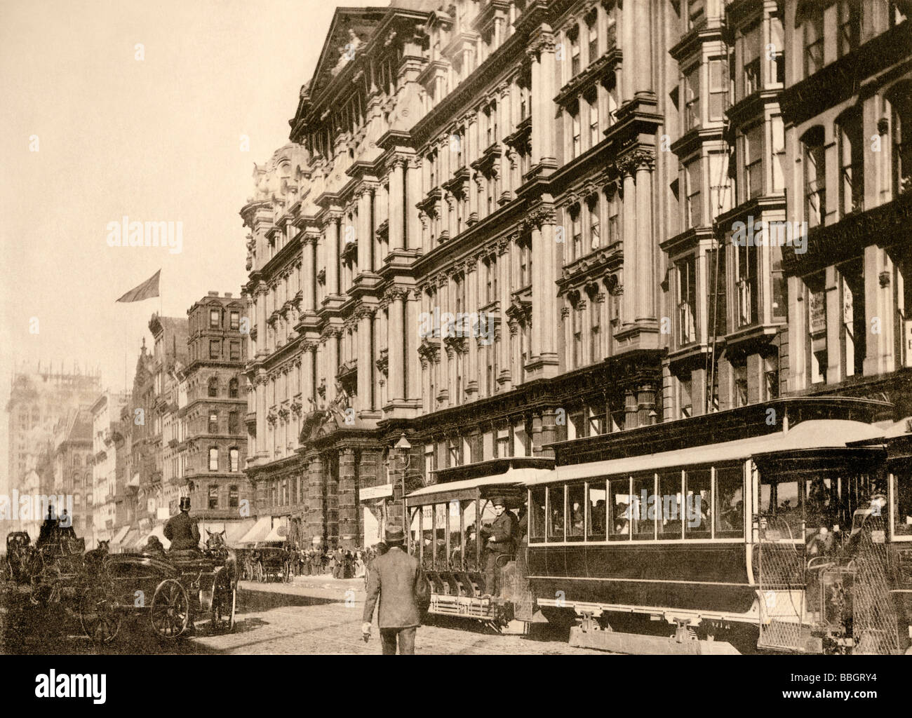 Il tram su State Street a nord di Palmer House Chicago 1890s. Albertype (foto). Foto Stock