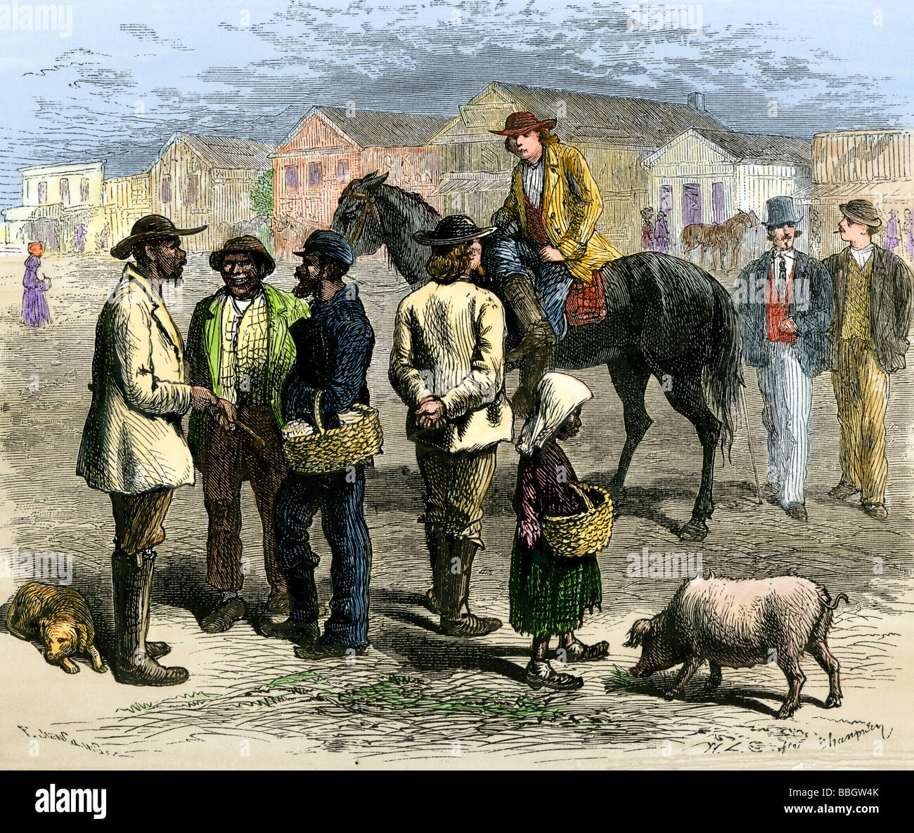 I cittadini nella piazza della città di Sherman Texas 1870s. Colorate a mano la xilografia Foto Stock