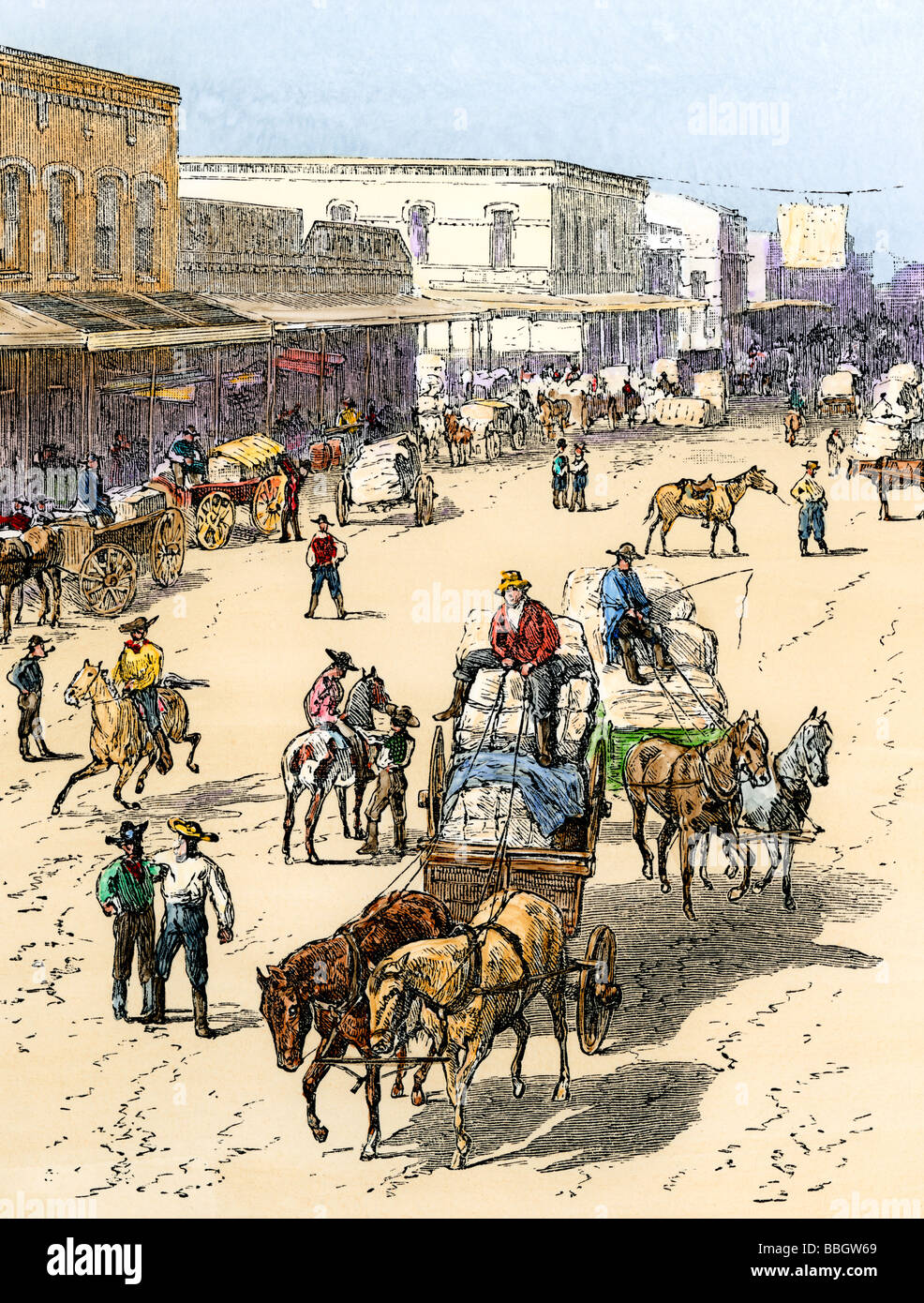 I carri di cotone su Elm Street a Dallas Texas 1870s. Colorate a mano la xilografia Foto Stock